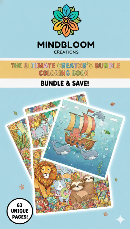 Coloring book bundle with various illustrations on a blue background, featuring the Mindbloom Creations logo.