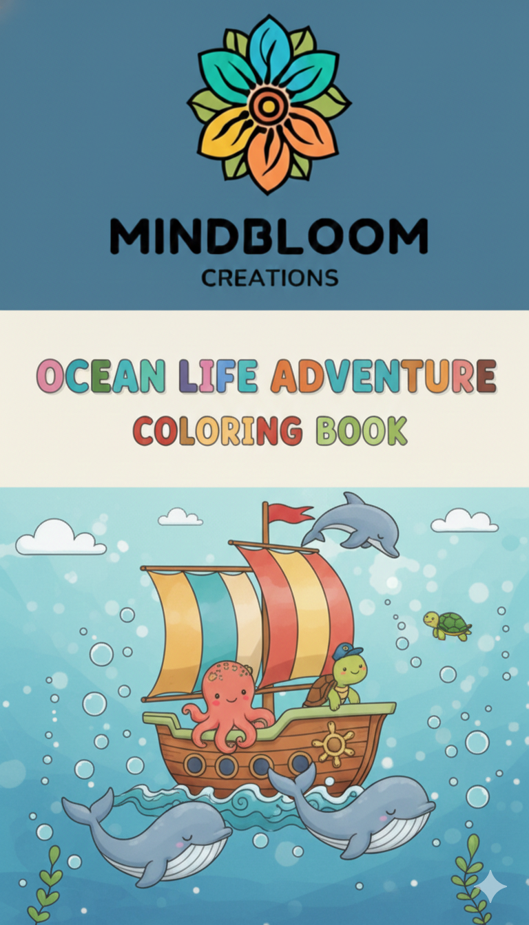 Coloring book cover with a ship, octopus, and dolphins on a blue underwater background, featuring the Mindbloom Creations logo.