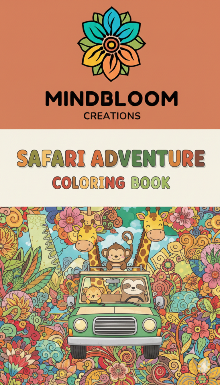 Colorful cover of a coloring book titled 'Safari Adventure' by Mindbloom Creations with a car and animals on a floral background.