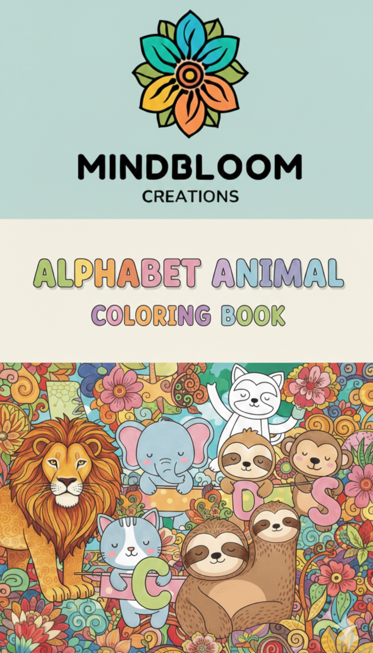Colorful cover of an alphabet animal coloring book by Mindbloom Creations with animals and letters.
